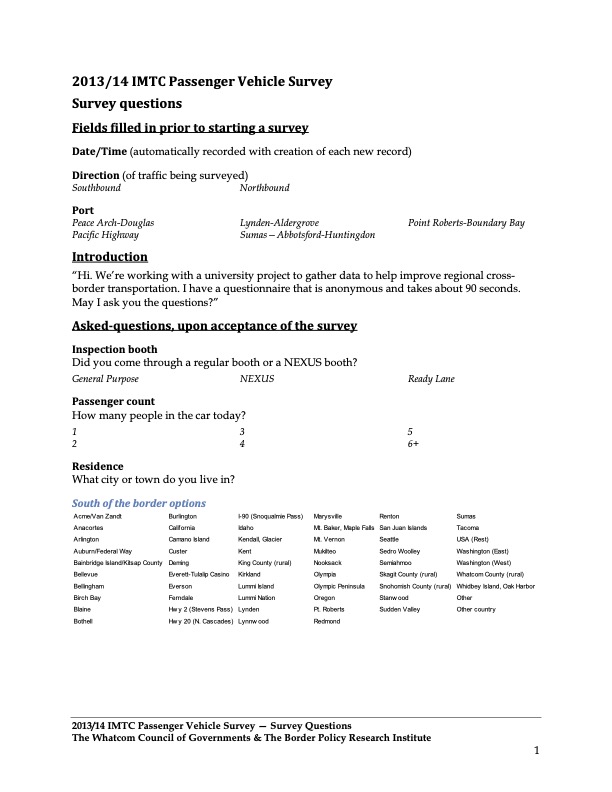2013/2014 IMTC Passenger Vehicle Survey Questions