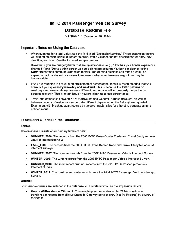 2014 IMTC Passenger Vehicle Survey Database Readme File