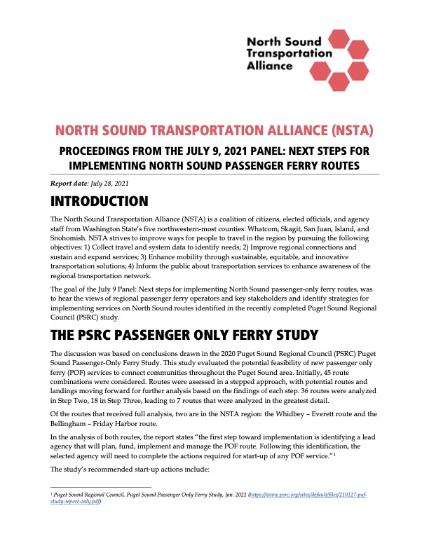 2021 NSTA Passenger Only Ferry Panel Report of Proceedings