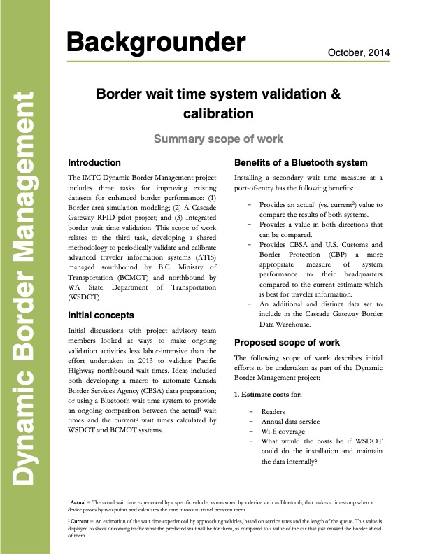 Border Wait Time System Validation & Calibration Backgrounder