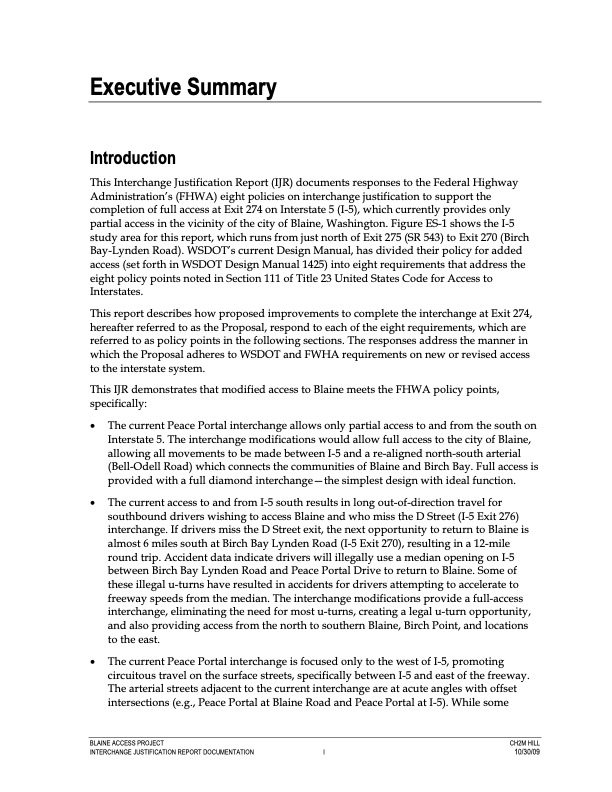 2009 Blaine Interchange Justification Report Executive Summary