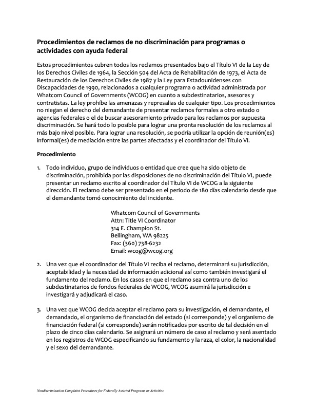 Title VI Complaint Procedures (en Espa&ntilde;ol)