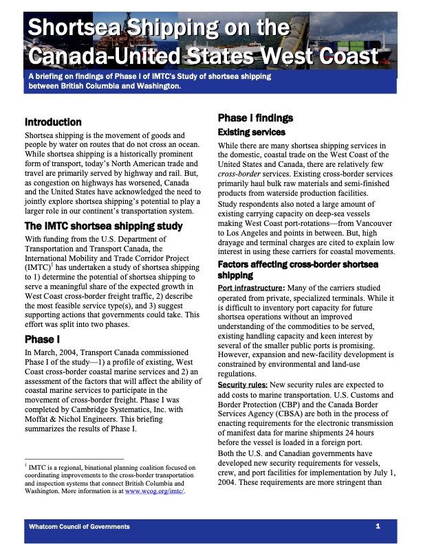 2004 Cross-Border Shortsea Shipping Study Phase I Summary