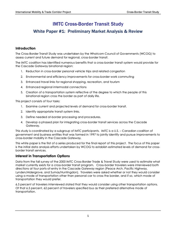 2001 Cross-Border Transit Study White Paper #1: Preliminary Market Analysis & Review