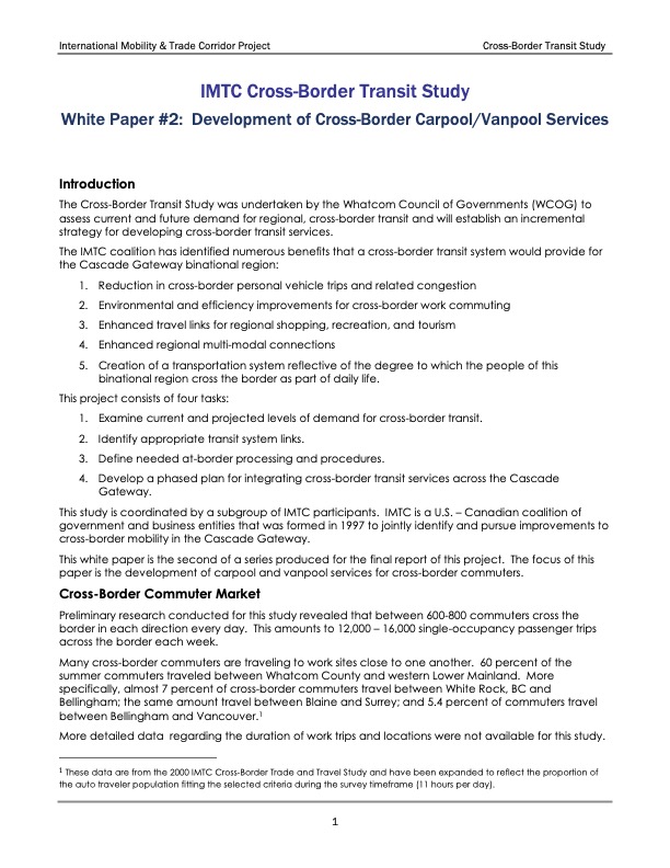 2001 Cross-Border Transit Study White Paper #2: Carpool/Vanpool Services
