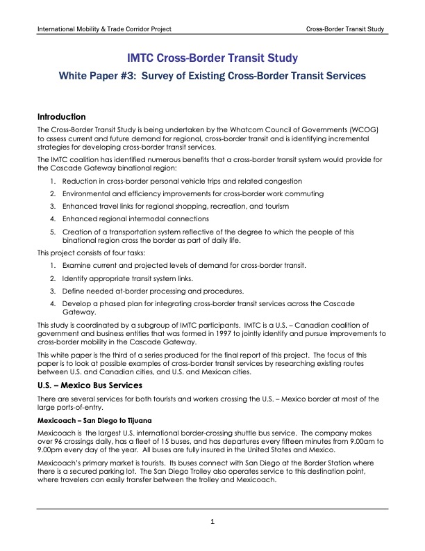 2001 Cross-Border Transit Study White Paper #3: Survey of Existing Cross-Border Transit Services