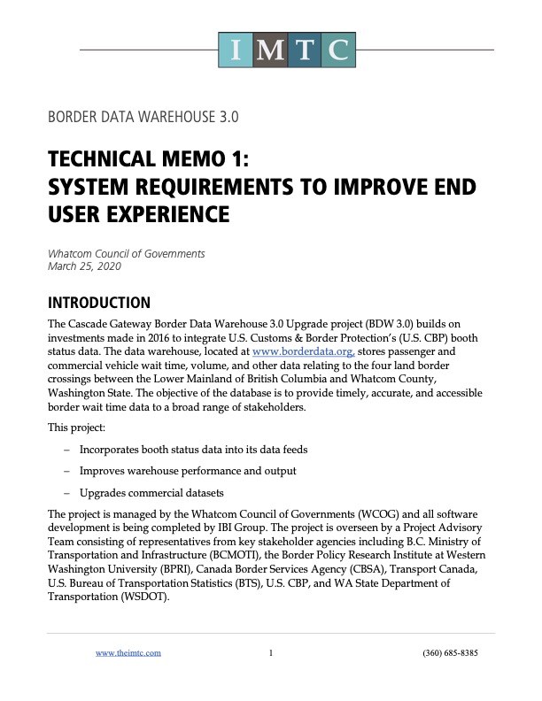 Cascade Gateway Border Data Warehouse 3.0 System Requirements